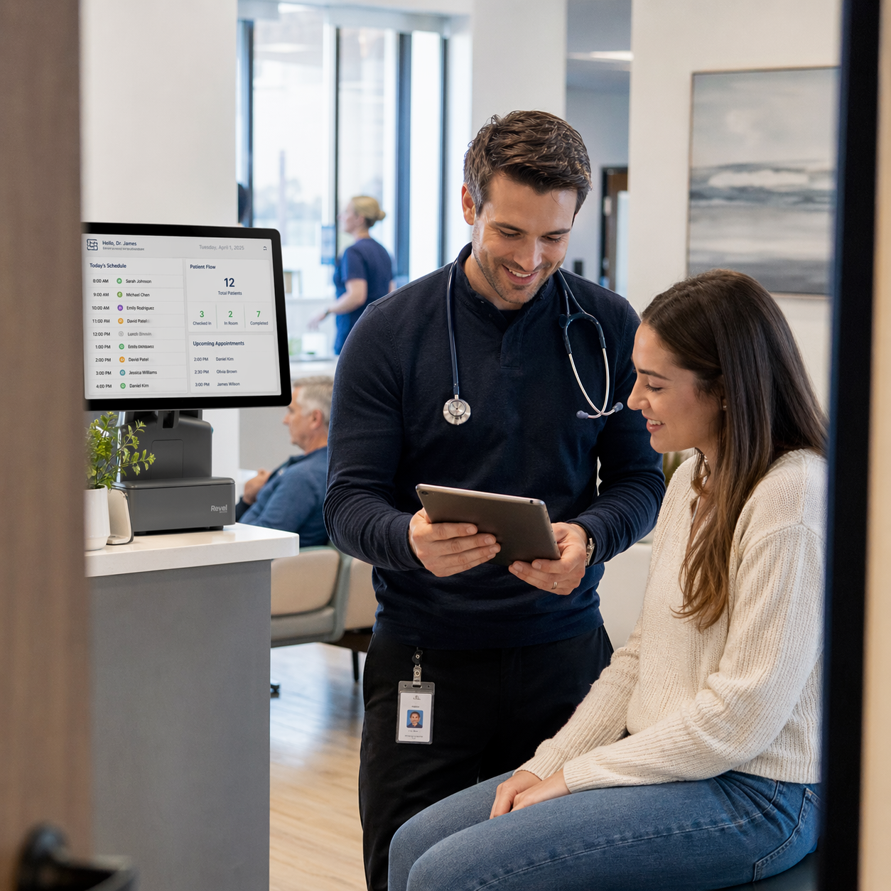 Healthcare team using a tablet to coordinate patient care