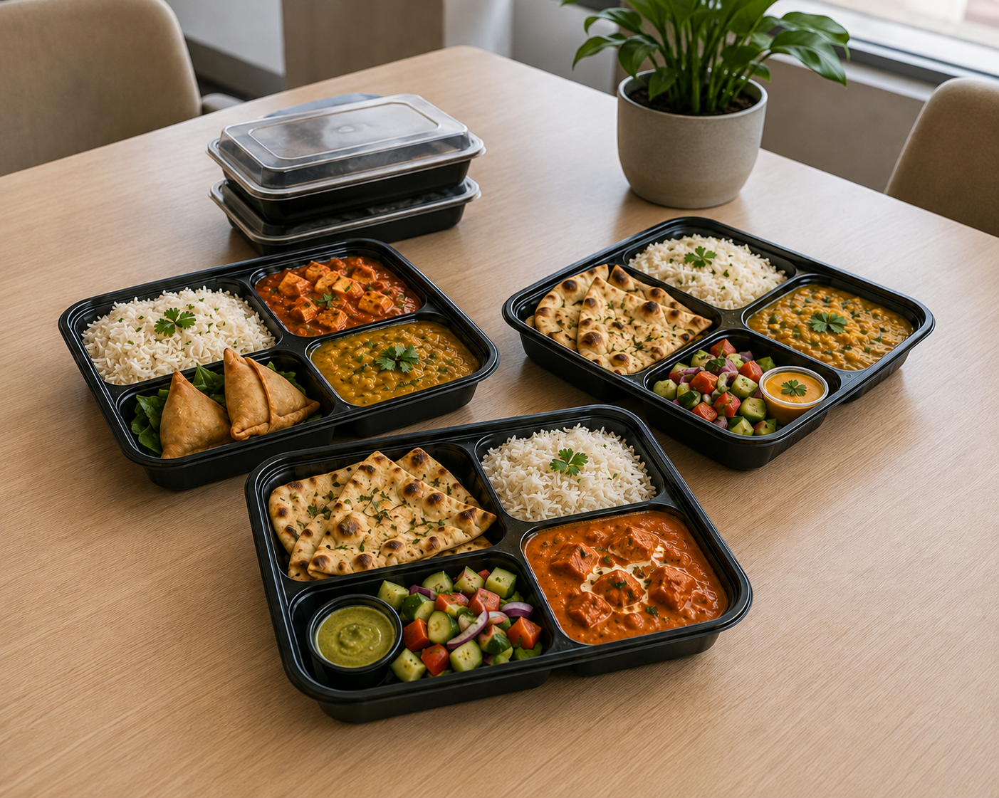 Open lunch box with biryani, raita and salad