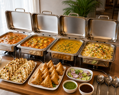 Buffet chafing line with curries and rice