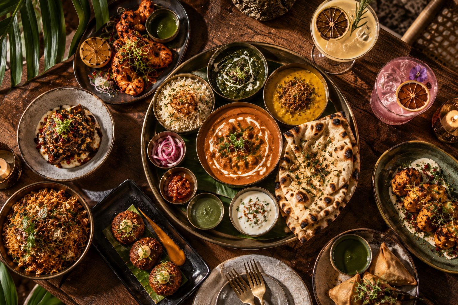 A candlelit Indian dinner spread at Olea India